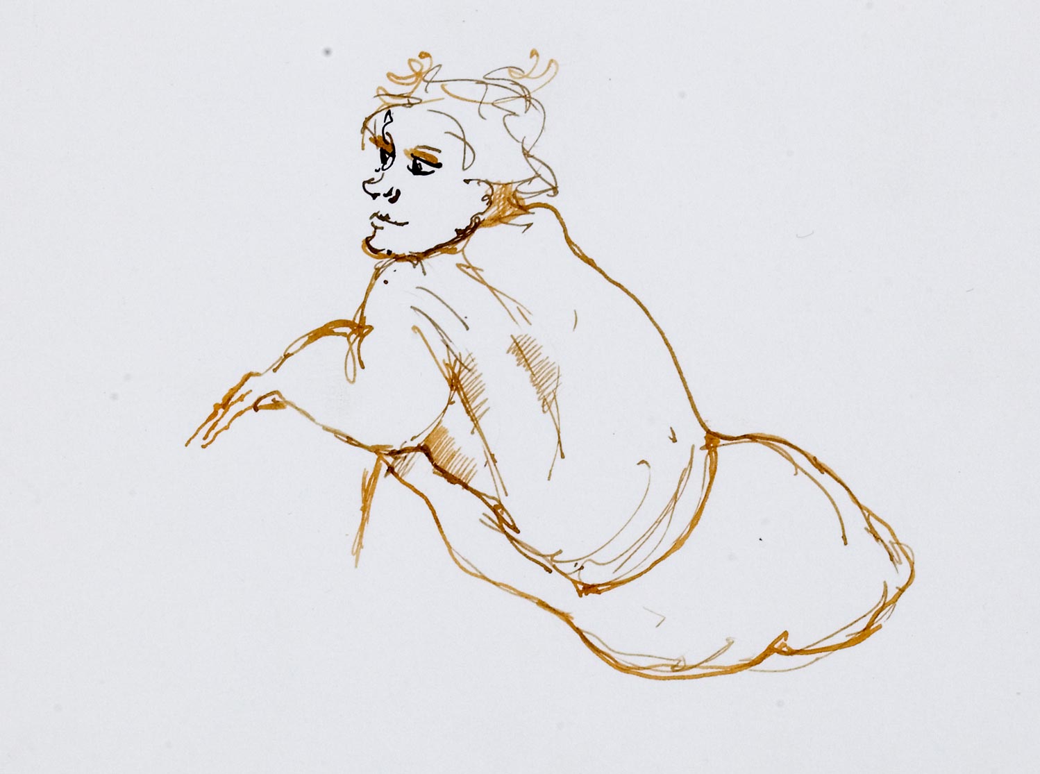 Croquis à l'encre de chine d'une femme assise.