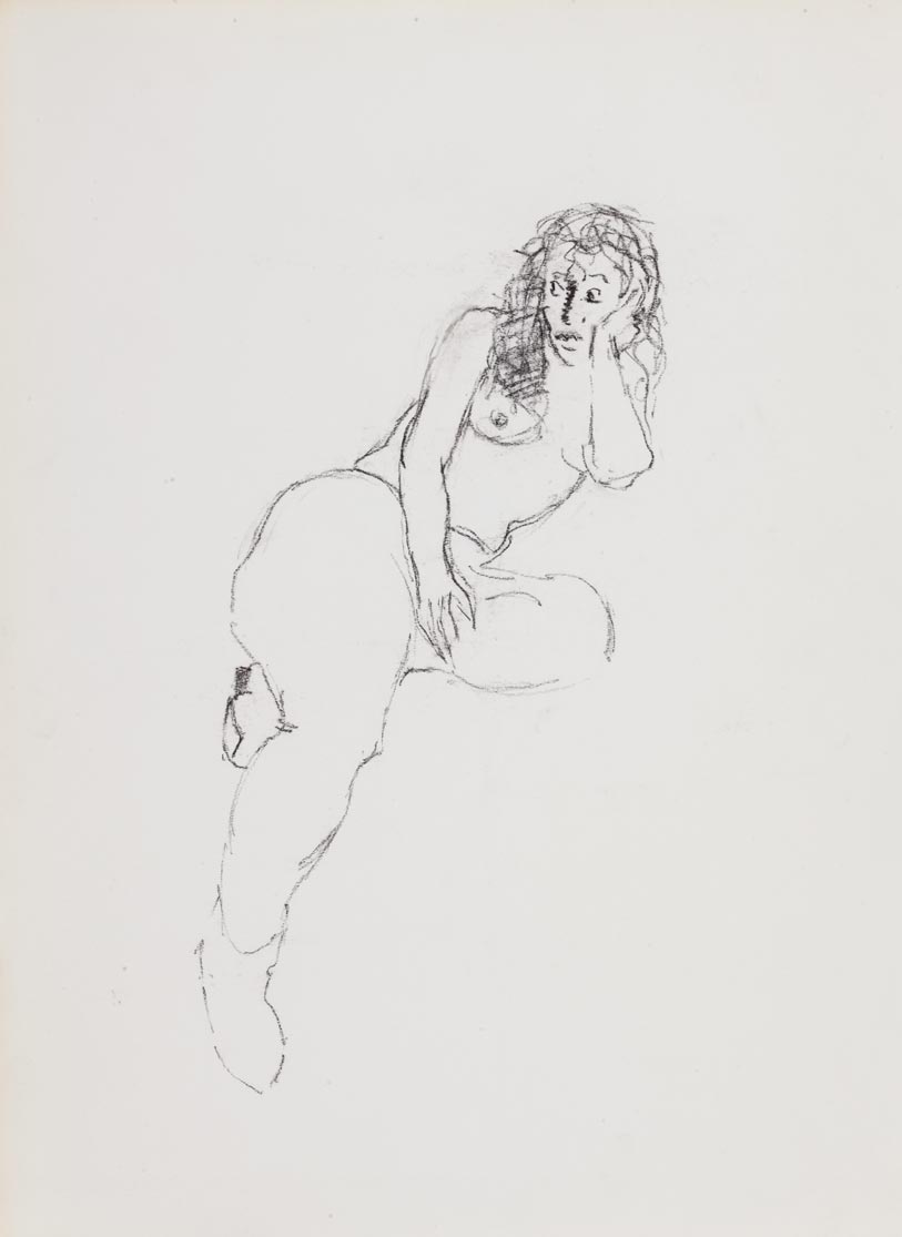 Croquis au crayon d'une femme nue assise.