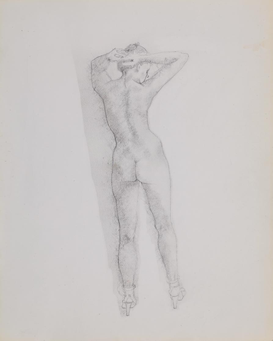 Croquis au crayon d'une femme nue debout de dos.