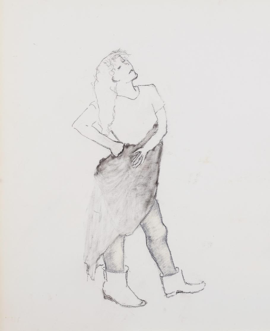 Croquis au crayon d'une femme en jupe et bottes.