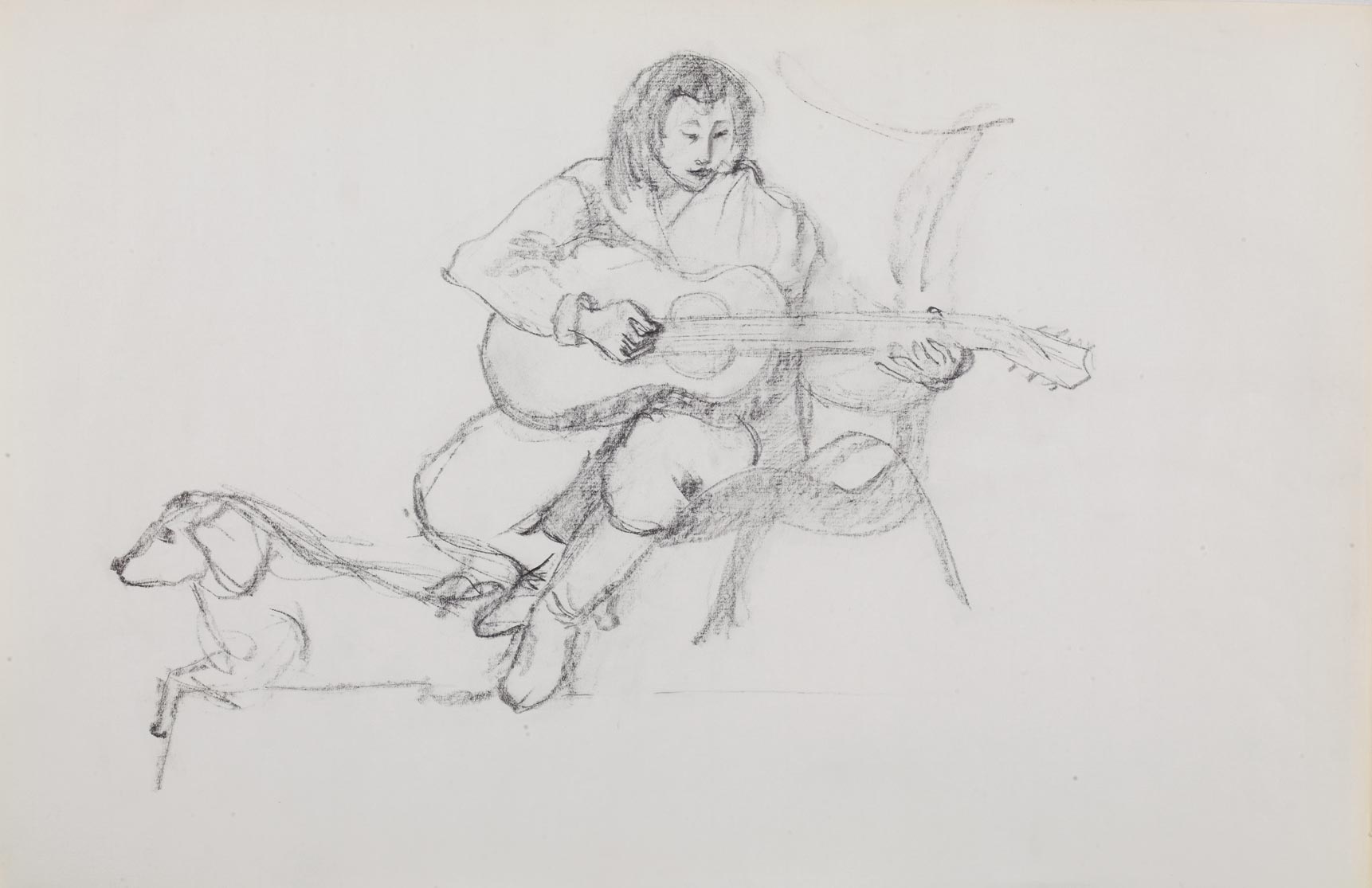 Croquis d'un homme asiatique jouant de la guitare avec un chien à ses pieds.